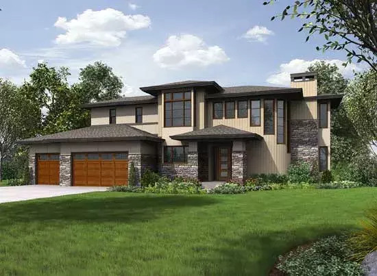 Prairie house plans 88-339 - front exterior, 3,771 sq ft, 5 bed, 3 bath house plans | Monster House Plans