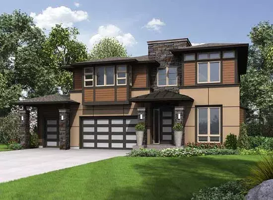 Prairie house plans 88-467 - front exterior, 3,120 sq ft, 4 bed, 3 bath house plans | Monster House Plans