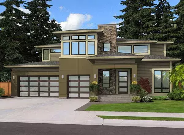 Modern house plans 88-674 - front exterior, 3,590 sq ft, 4 bed, 3 bath house plans | Monster House Plans