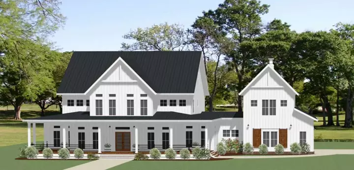 Modern Farmhouse house plans 90-187 - front exterior, 4,903 sq ft, 4 bed, 3 bath house plans | Monster House Plans