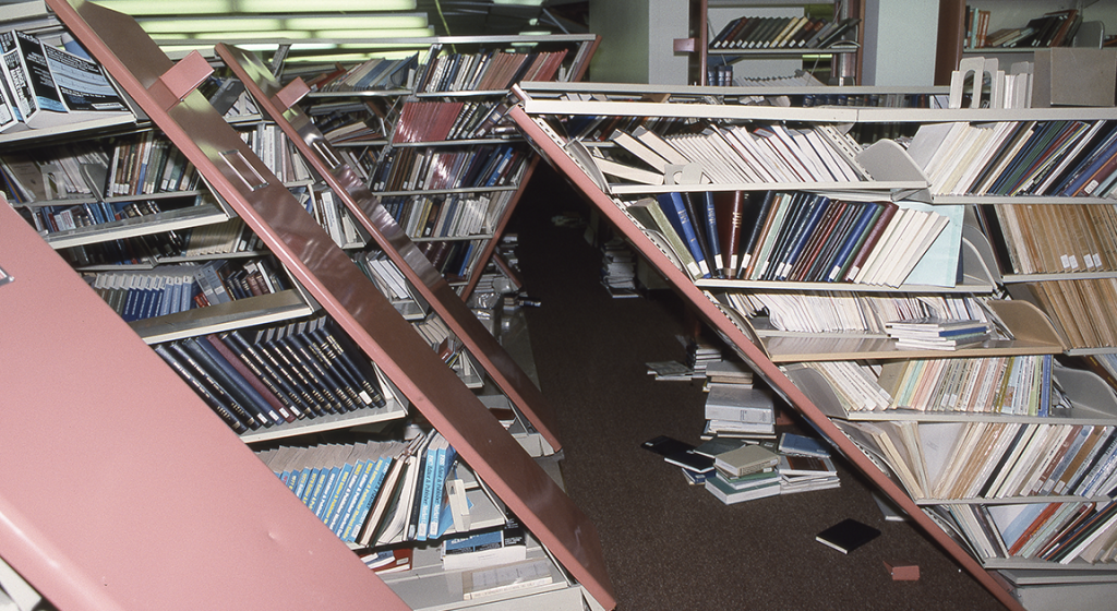 More than 750,000 books were tossed from campus library shelves in the Loma Prieta earthquake.