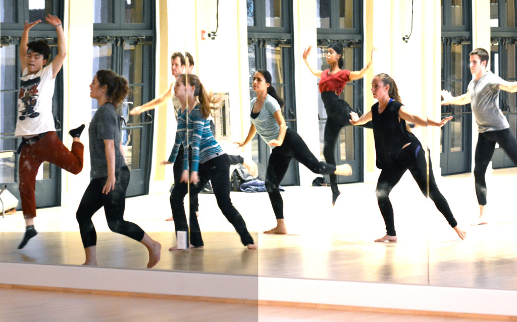 Members of the Chocolate Heads Movement Band rehearse for "Ghost Architecture," a November 2016 site-specific piece in Roble Gym.