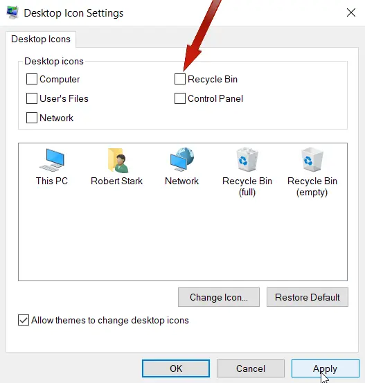 uncheck Recycle Bin and click the Apply button to hide the Recycle Bin