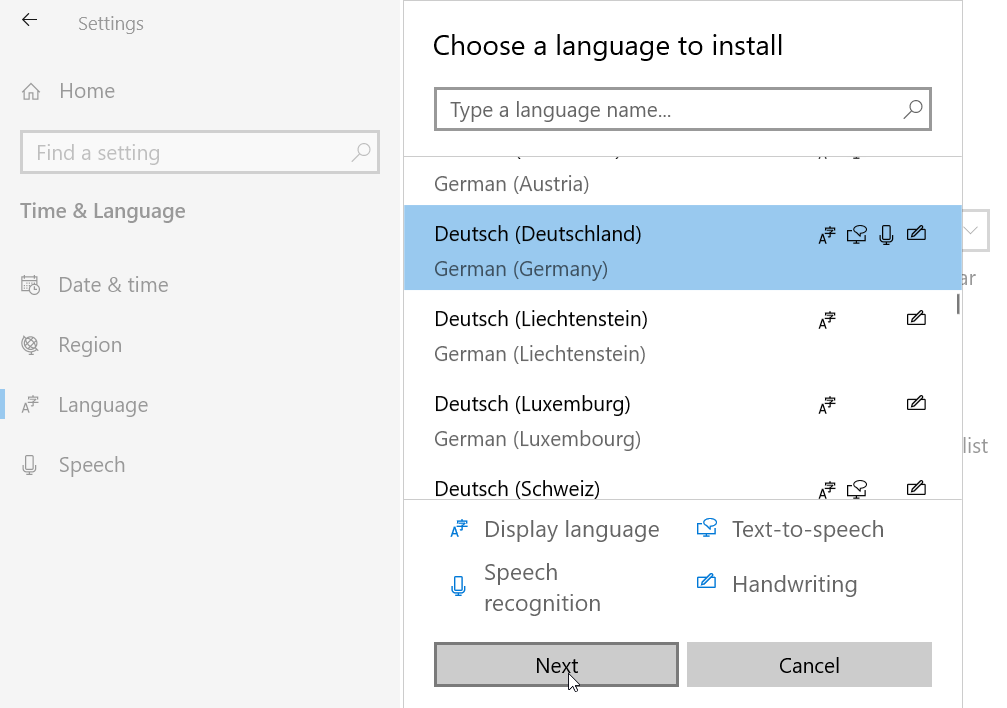 Install a new language in Windows 10