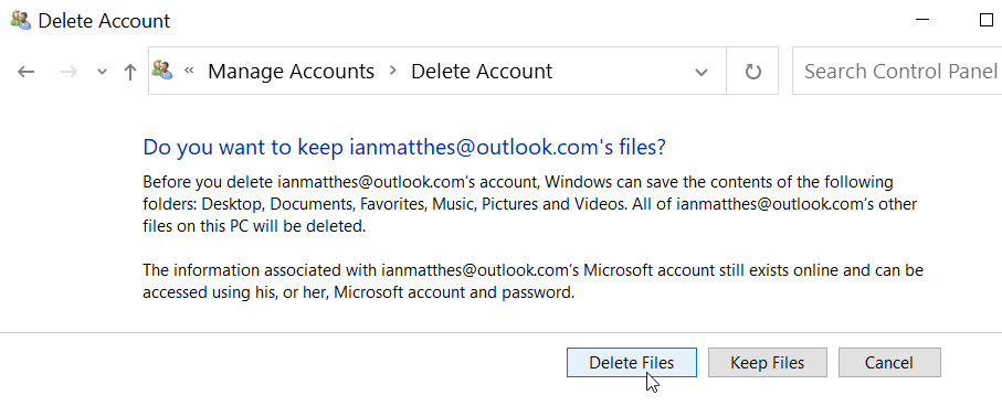 delete microsoft account in windows 10