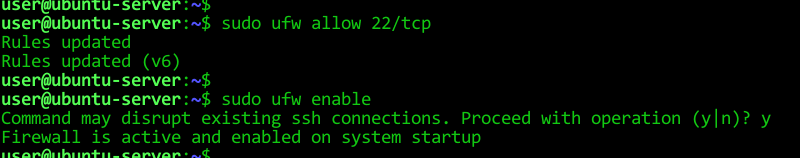 After we have opened port 22, we enabled the UFW with ufw enable command.