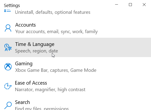 Go to the Time and Language category and then click Language in the left pane