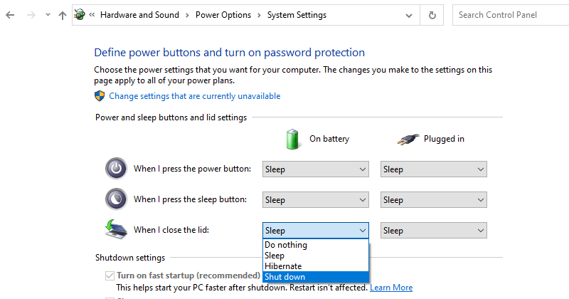 how to not turn off laptop when closed