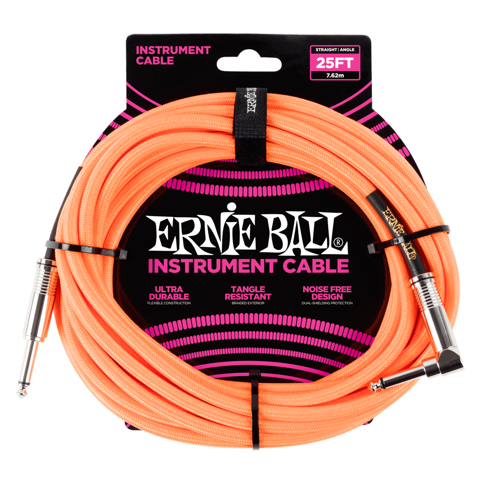 25' Braided Straight / Angle Instrument Cables Neon Orange Front