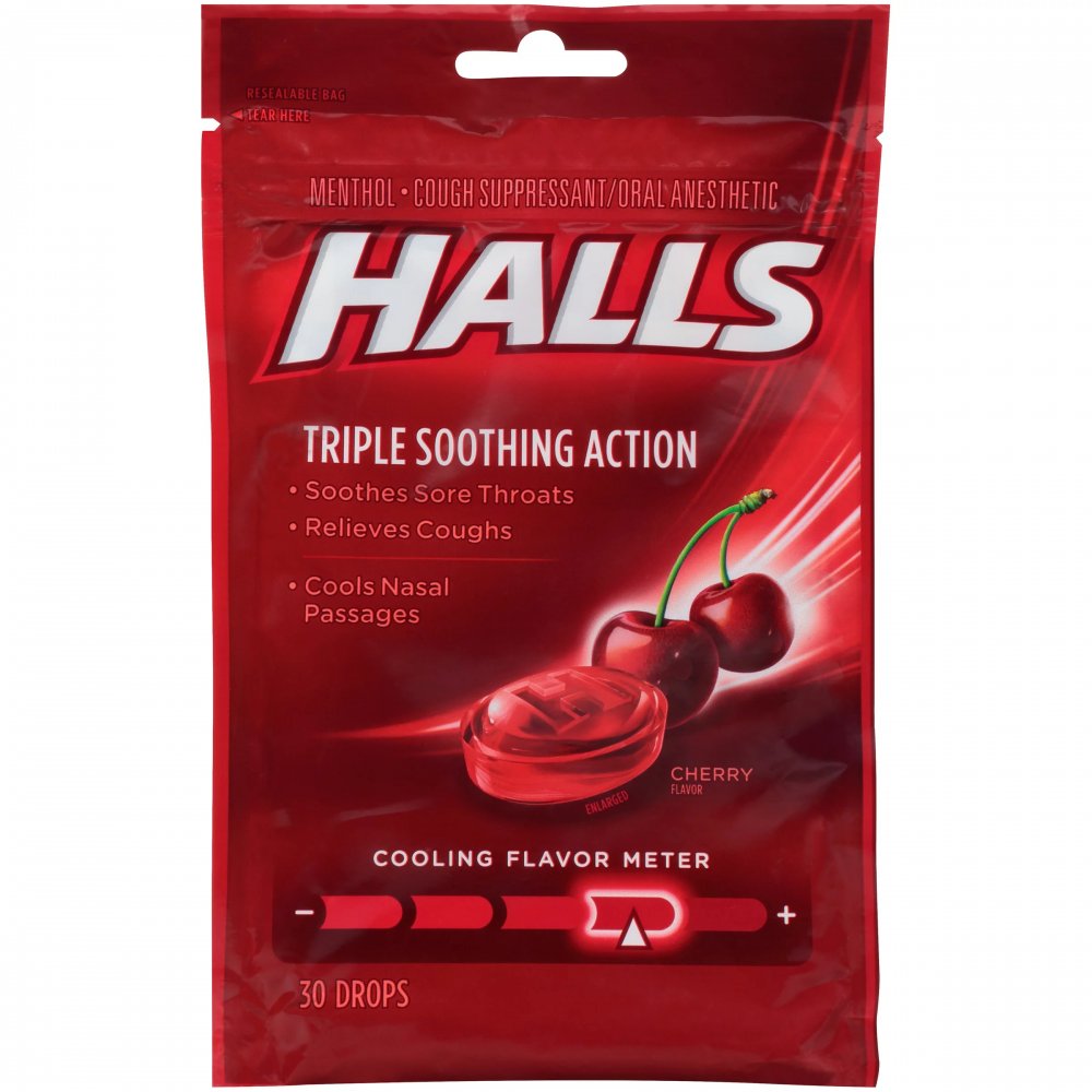 Halls Triple Soothing Cough Drops Cherry 30CT PKG