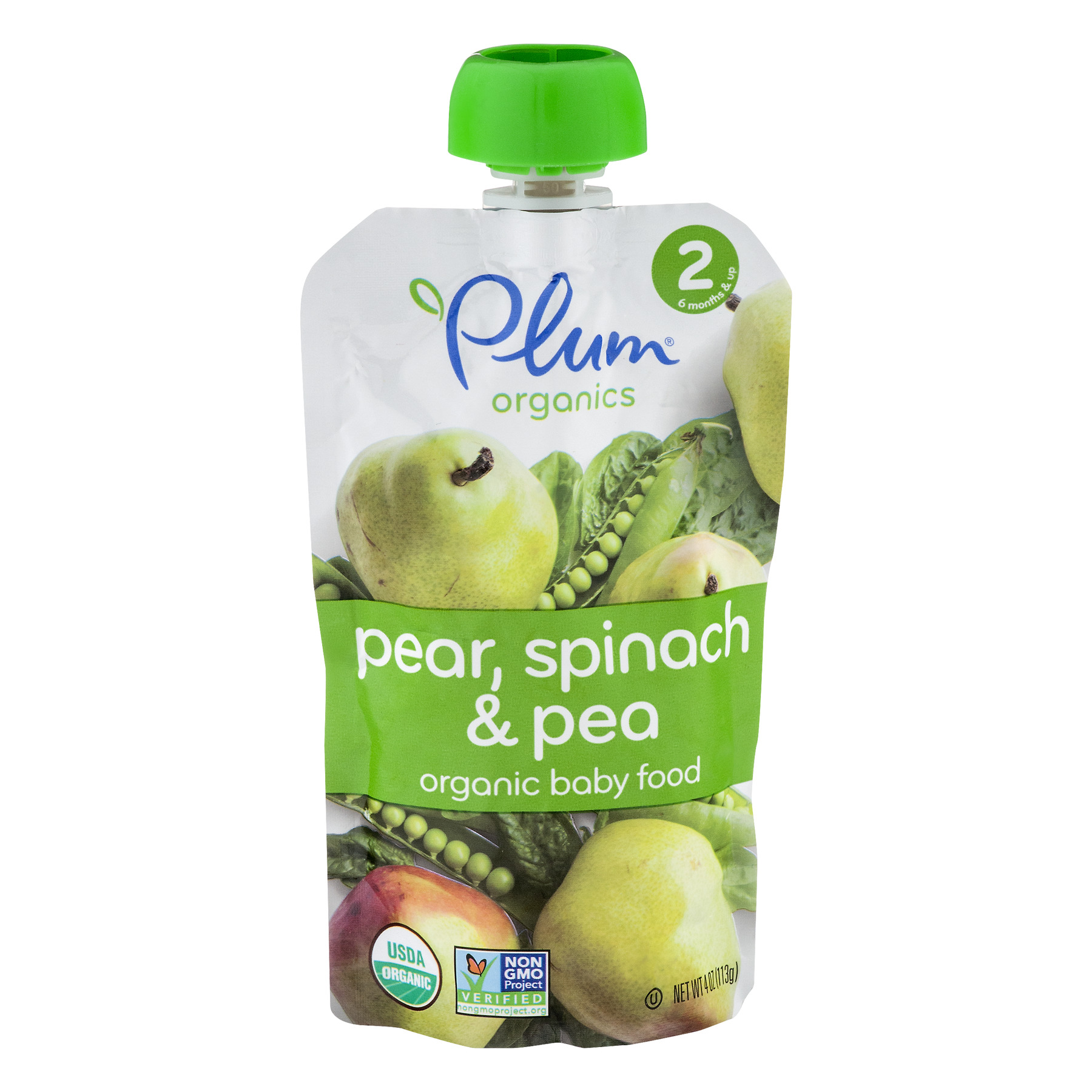 Plum Organics Baby Food Stage 2 Pear, Spinach & Pea 4oz Pouch