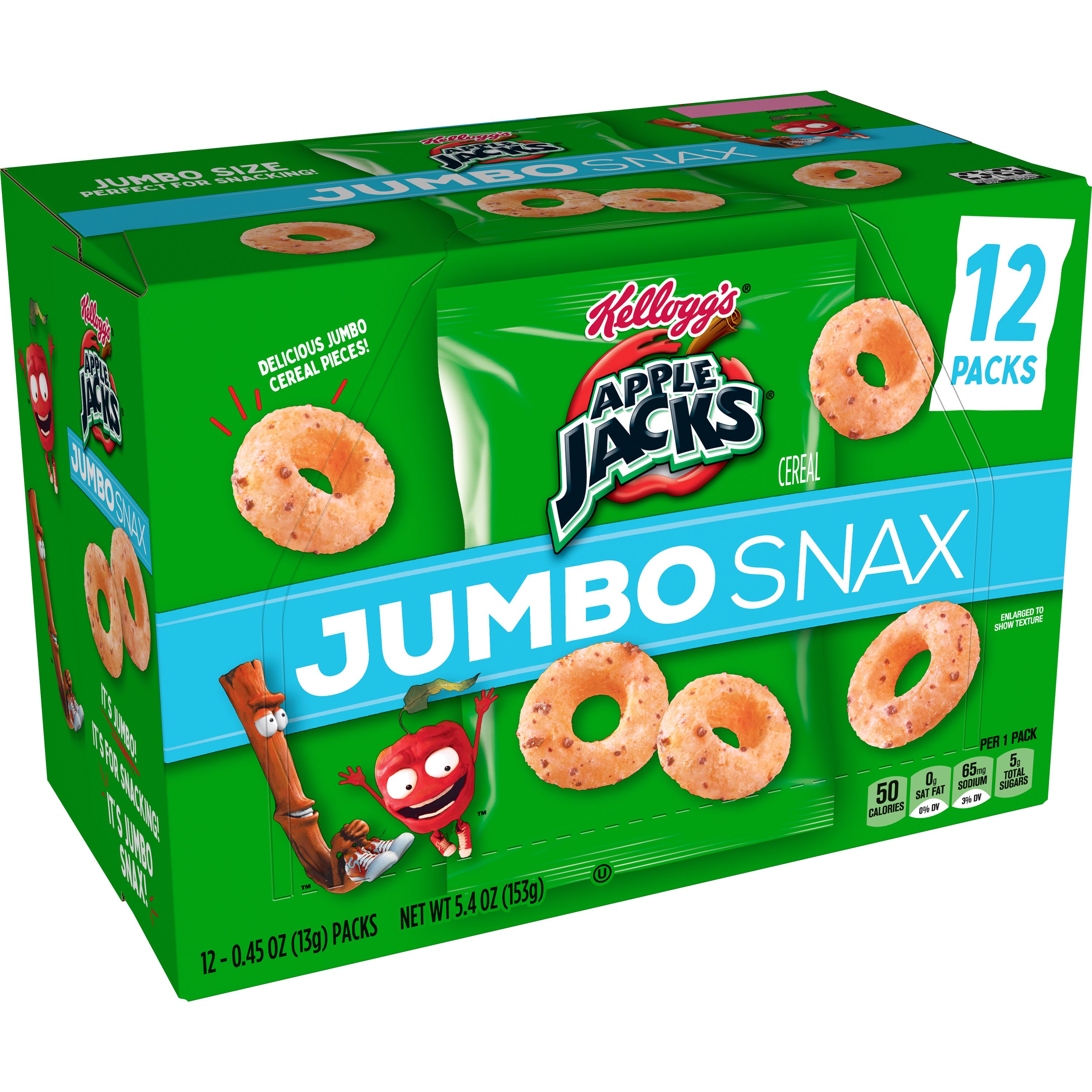 Kellogg's Apple Jacks Jumbo Snax, Cereal Snacks, Original, 12 Ct, 5.4 Oz