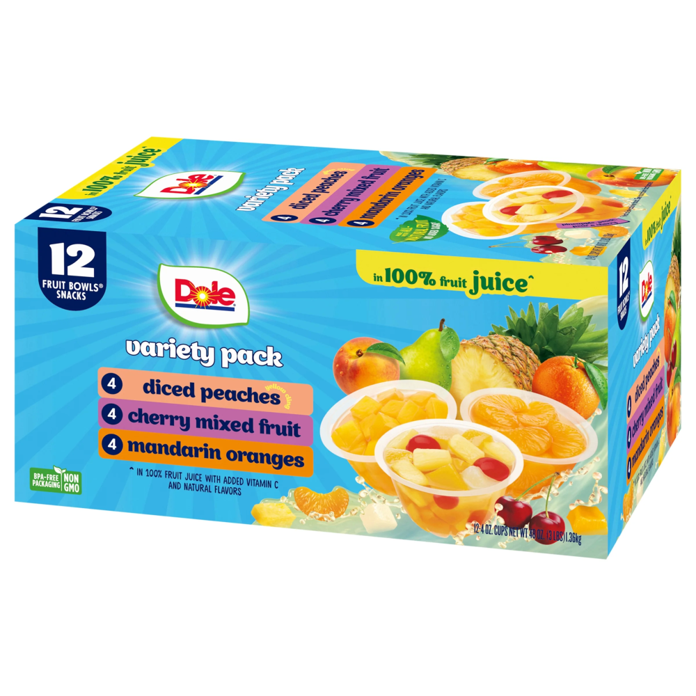 Dole Fruit Bowls in 100% Fruit Juice: Peaches  Mandarin Oranges  Cherry Mixed Fruit  12  4 Oz cups