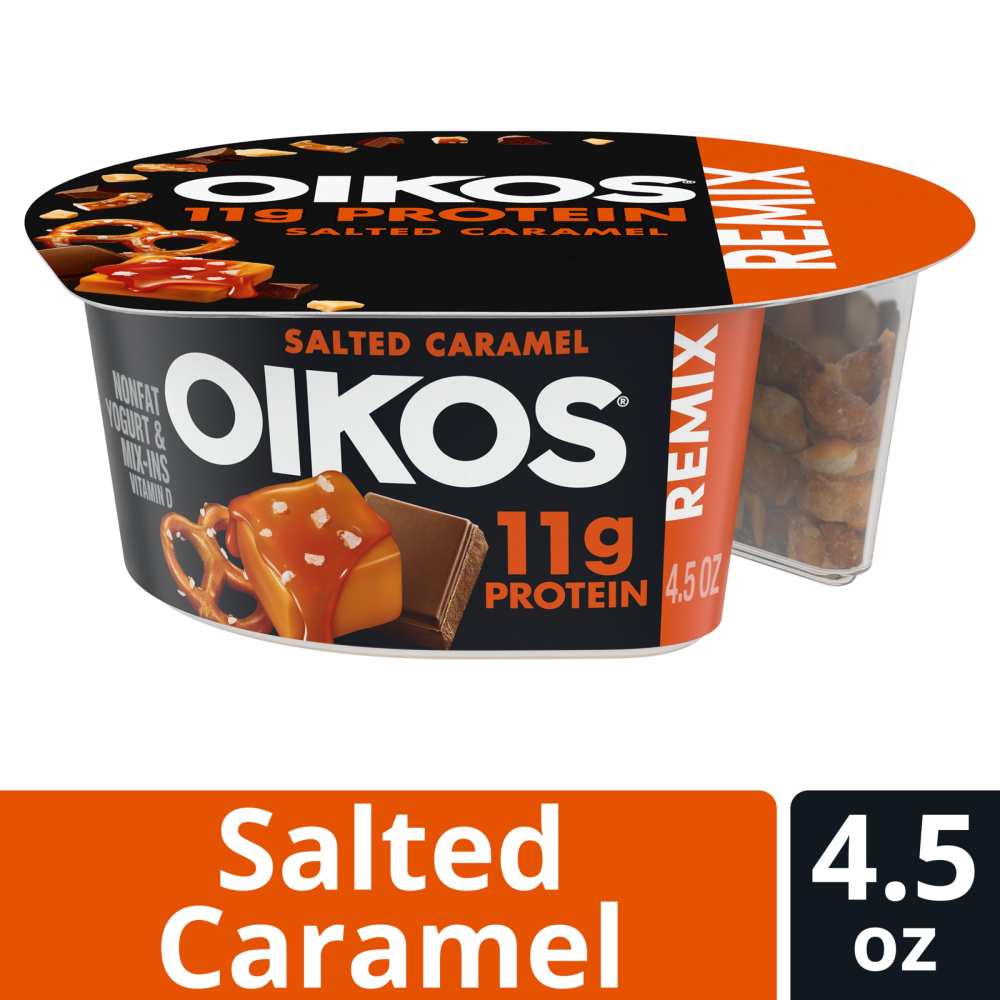 Oikos REMIX Salted Caramel Nonfat Greek Yogurt with Sea Salt Praline Pretzels, Dark Chocolate and Butter Toffee Mix-Ins, Delicious High Protein Yogurt
