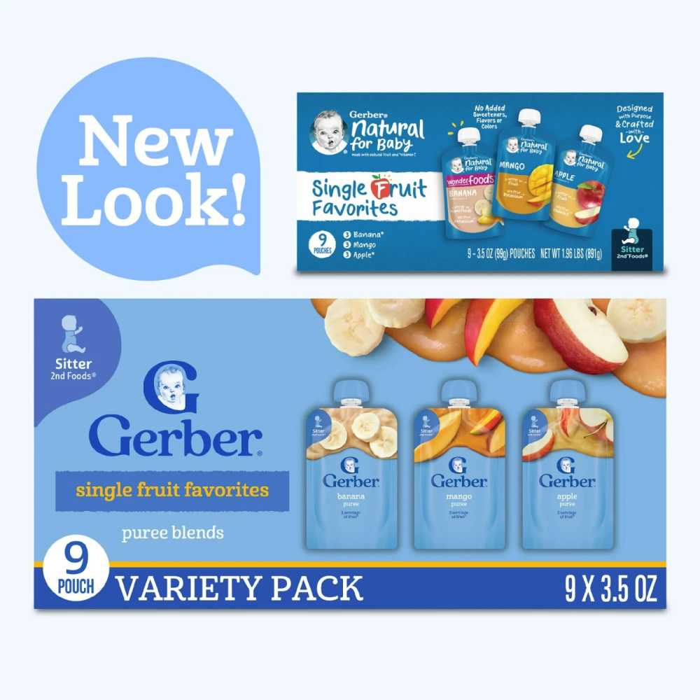 Gerber Stage 2 Baby Food, Single Fruit Favorites Puree Pouches, Banana, Apple, Mango, Variety Pack 9PK
