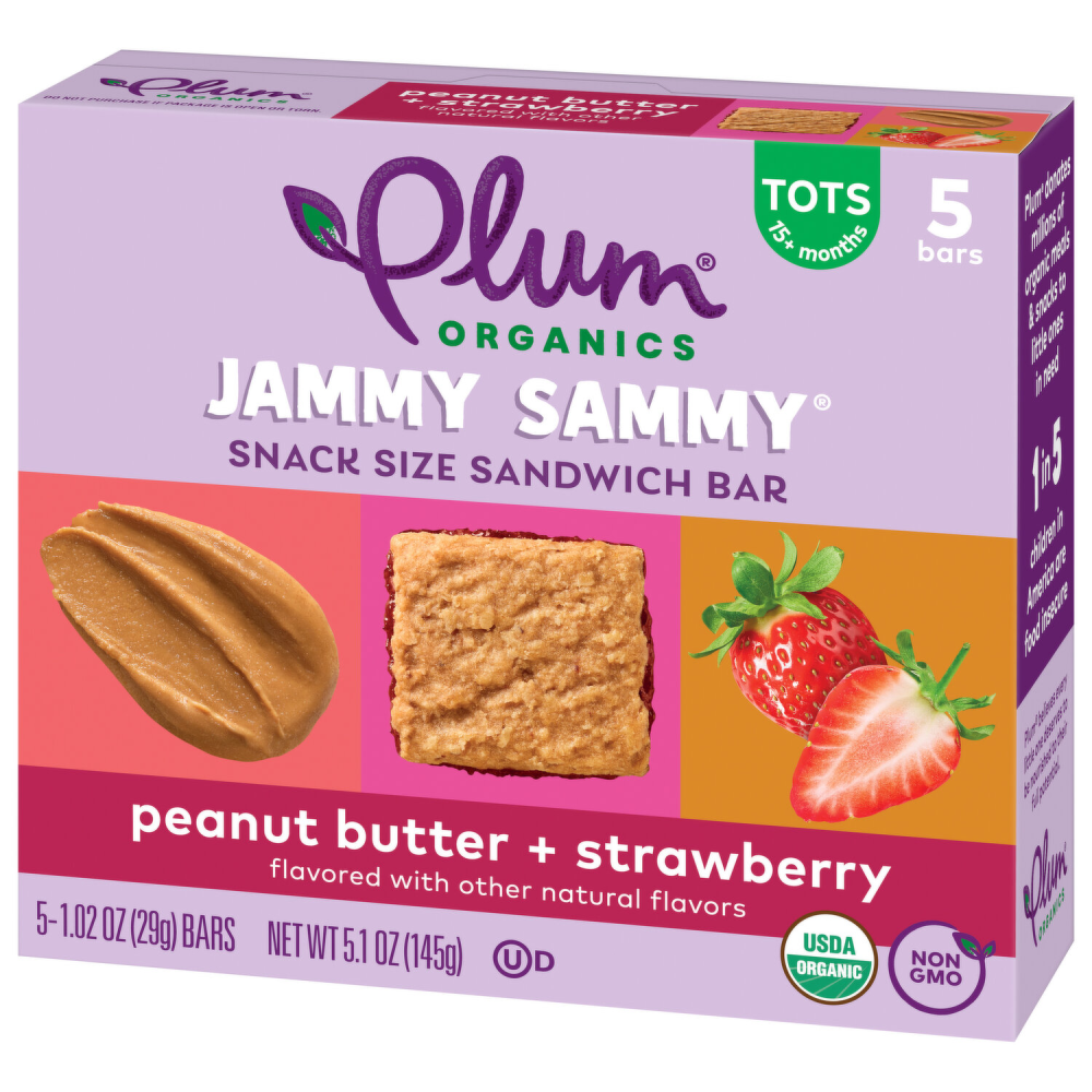 Plum Organics, Jammy Sammy, Snack Size Sandwich Bar, Peanut Butter & Strawberry, 5 Bars, 1.02 Oz
