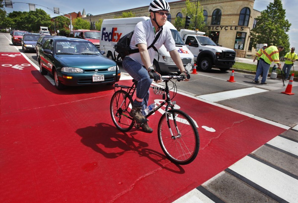 colored bike lanes and bike boxes in madison.