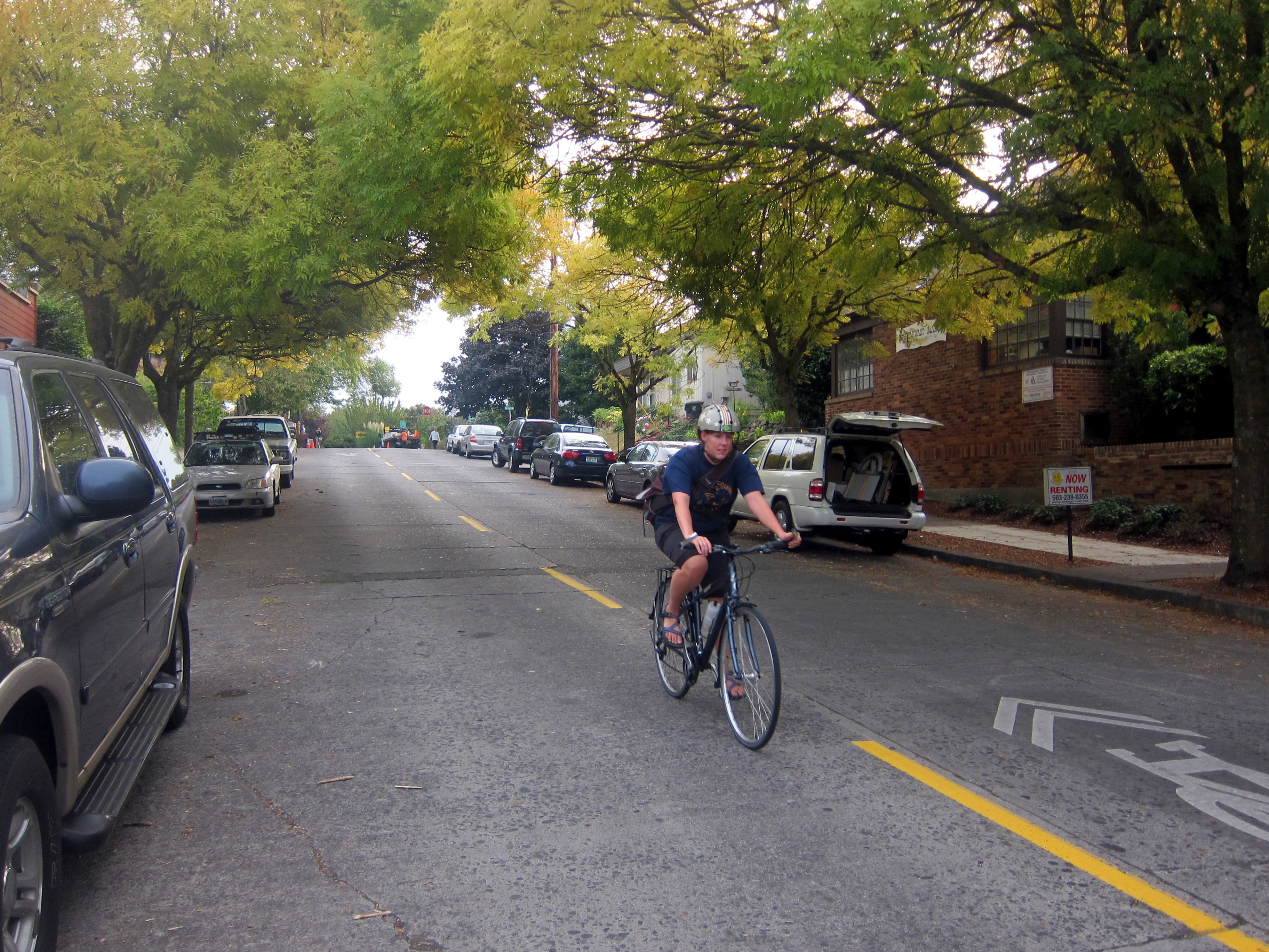 A first-generation greenway on Ankeny Street has sharrows and traffic diverters, though no speed humps.