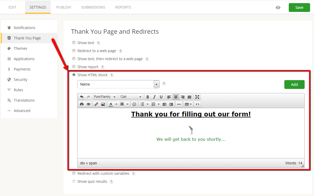 customizing thank you page for form