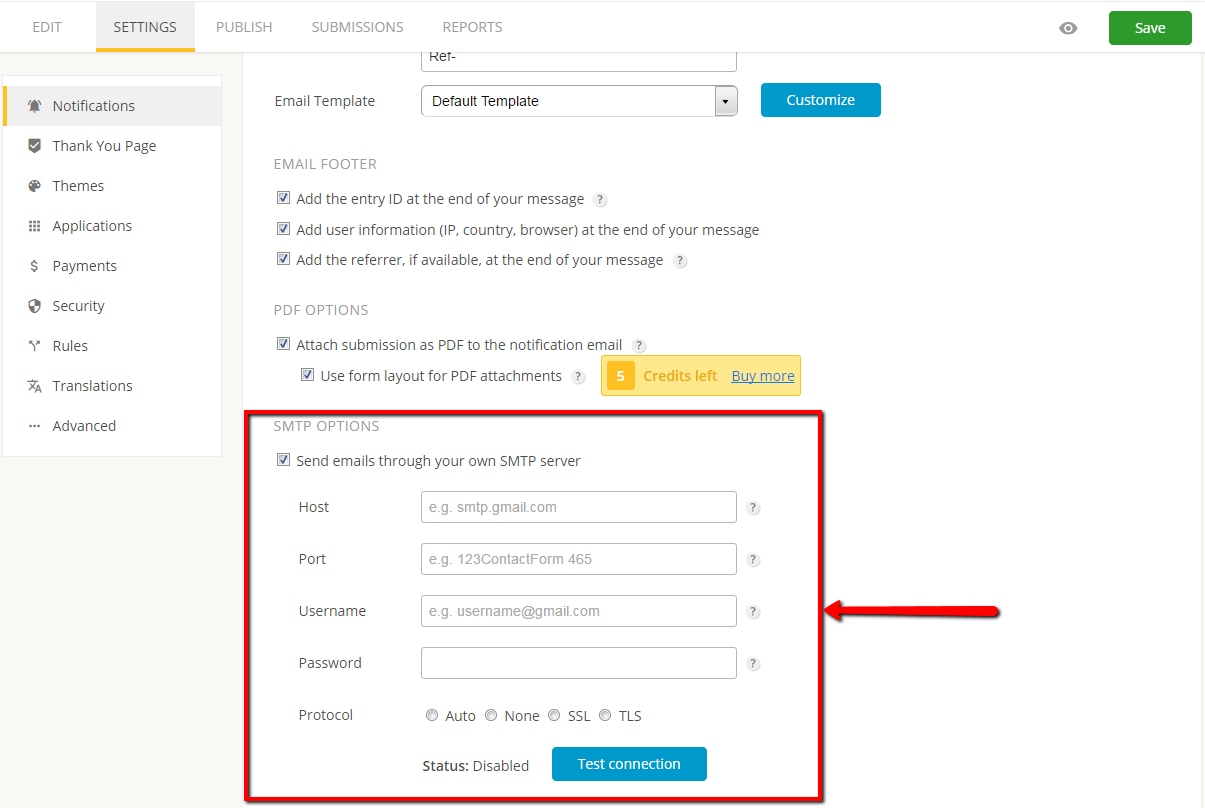 using smtp on form notifications