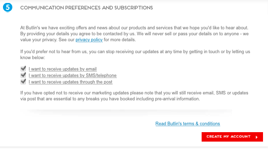 butlins communication preferences on contact form