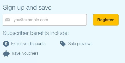 expedia's newsletter form with yellow button and benefits written below the field