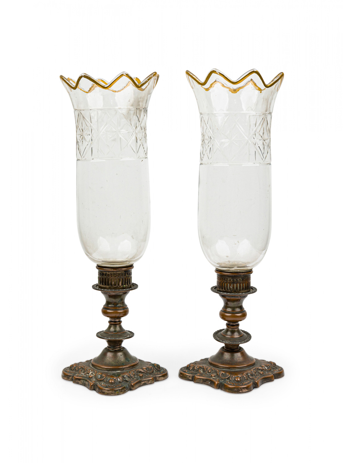 English victorian copper candlesticks with hurricane shades