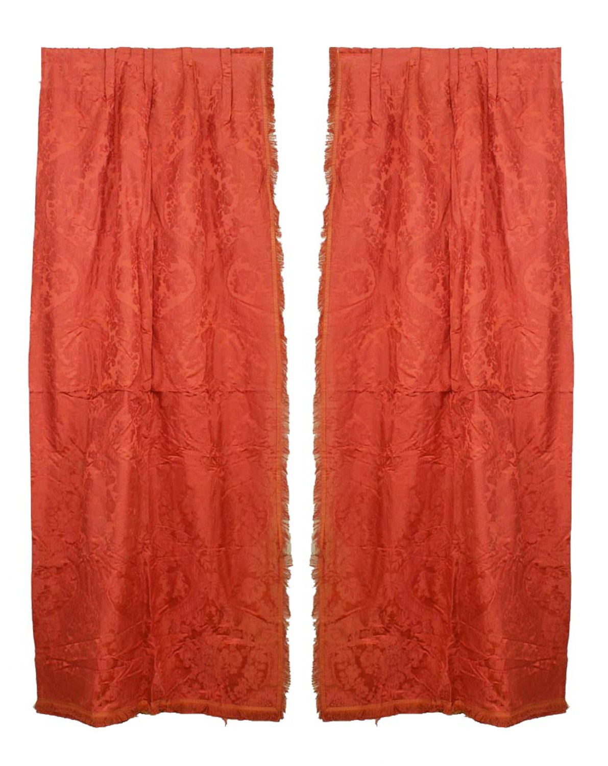 Rose colored damask fringe drapes 1