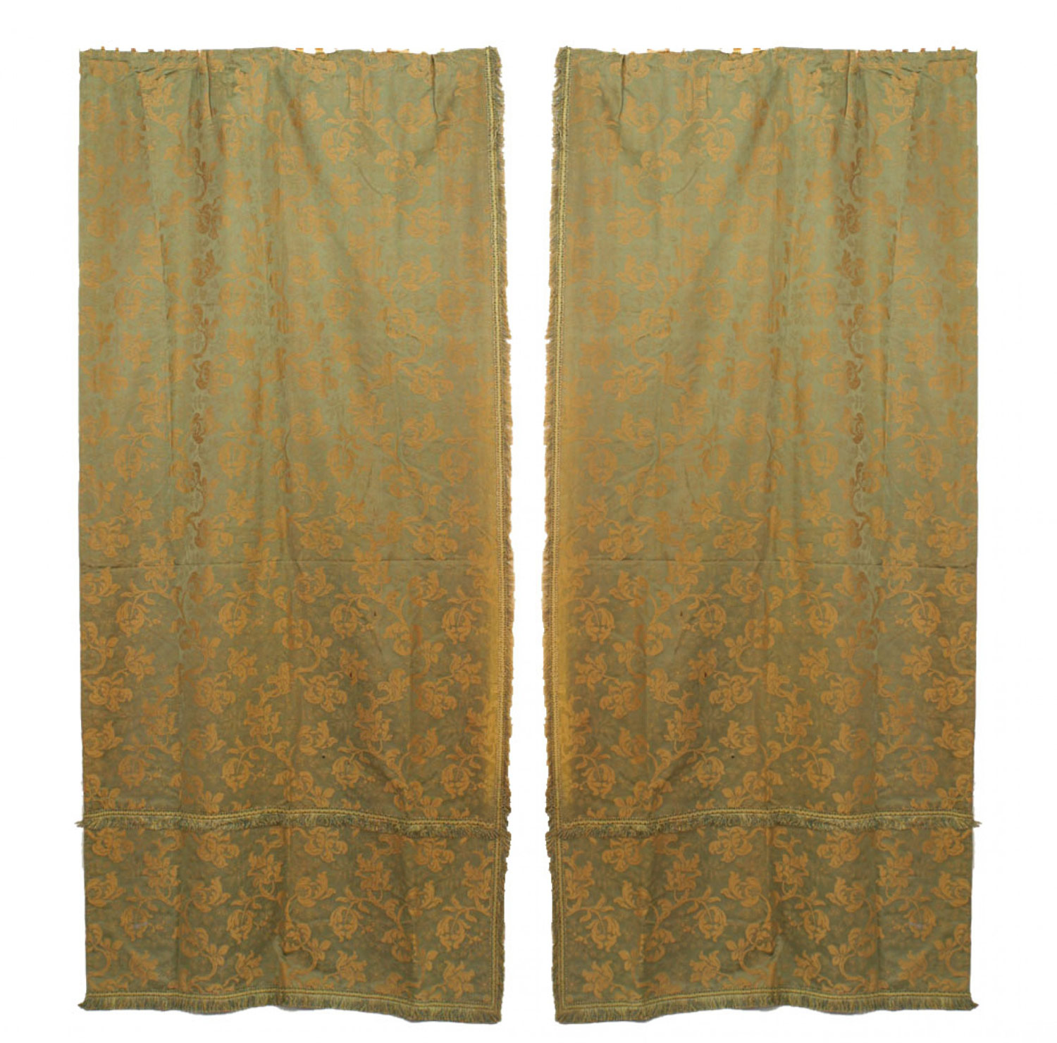 Green and gold floral silk drapes