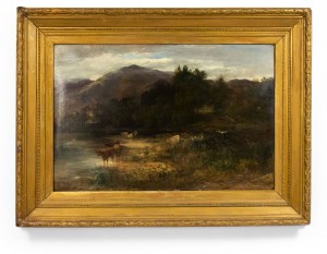 English victorian landscape of cows by a stream