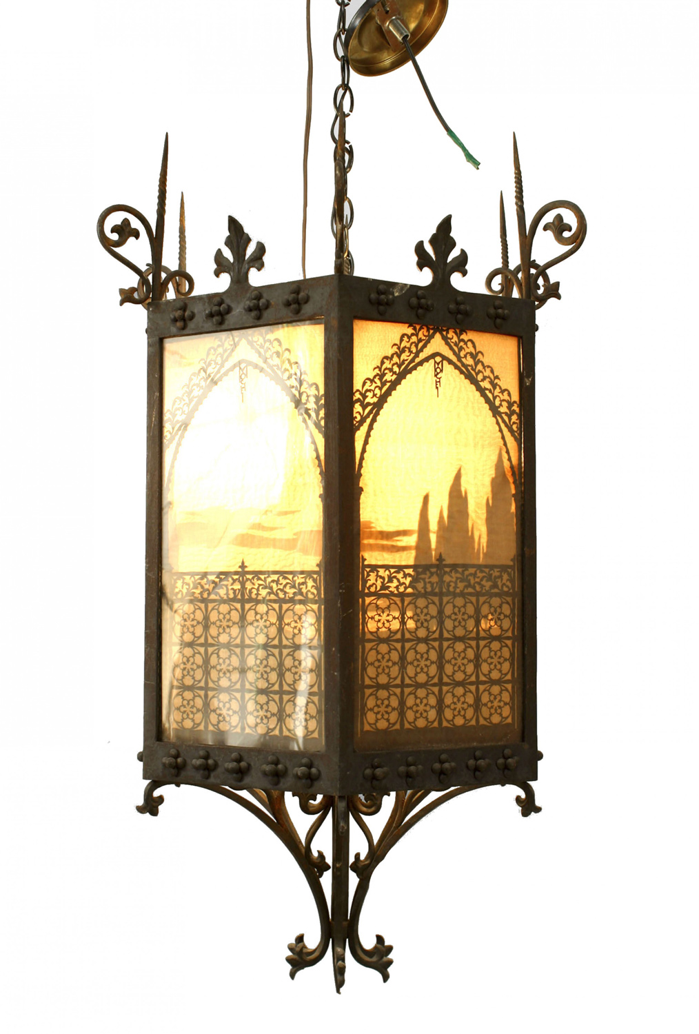 Italian renaissance style iron and glass hanging lanterns