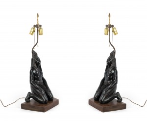 Pair egyptian style ebonized figural table lamps 1