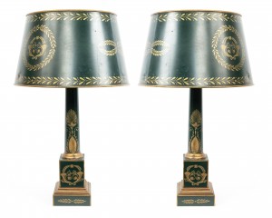 Pair french directoire green tole table lamps 1