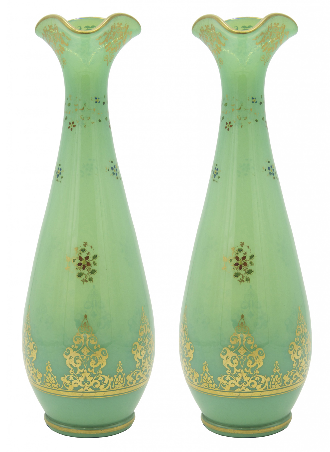 Pair of french victorian green opaline vases