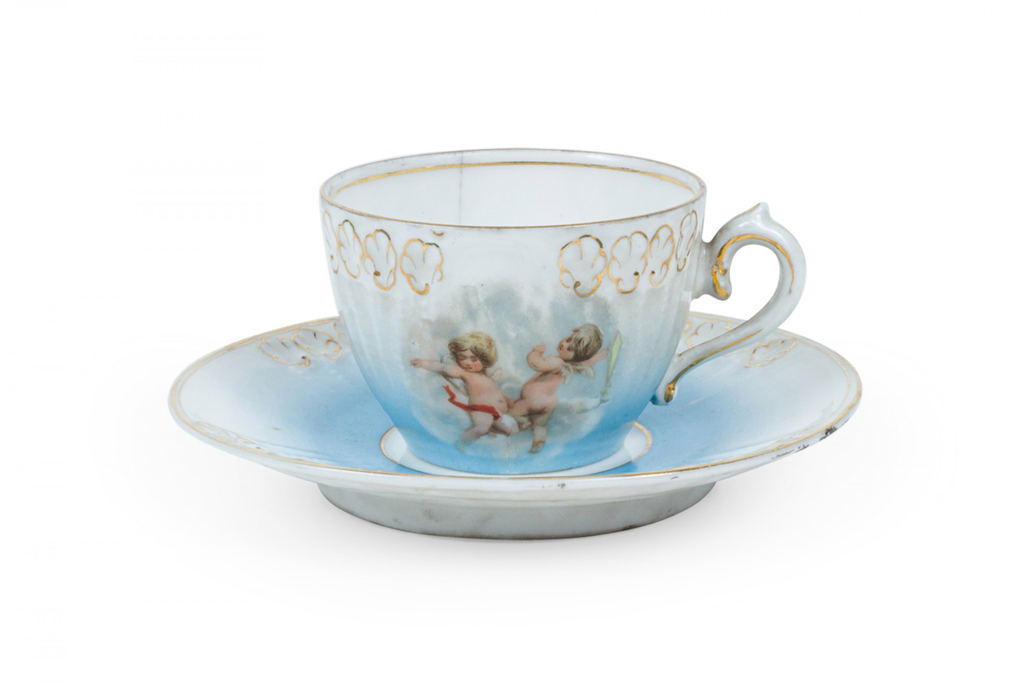 Set of 7 french victorian porcelain teacups and saucers