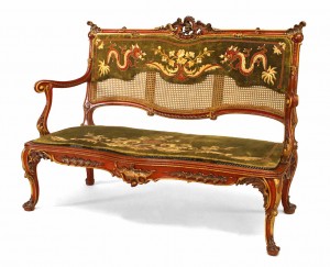 English regency red lacquered loveseat
