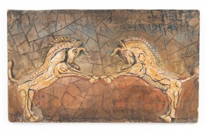 Egyptian style painted carved wood wall plaque 1