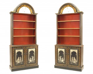 Adam style black lacquered bookcases