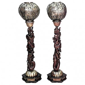 Chinese style filigree gilt wood dragon floor lamps