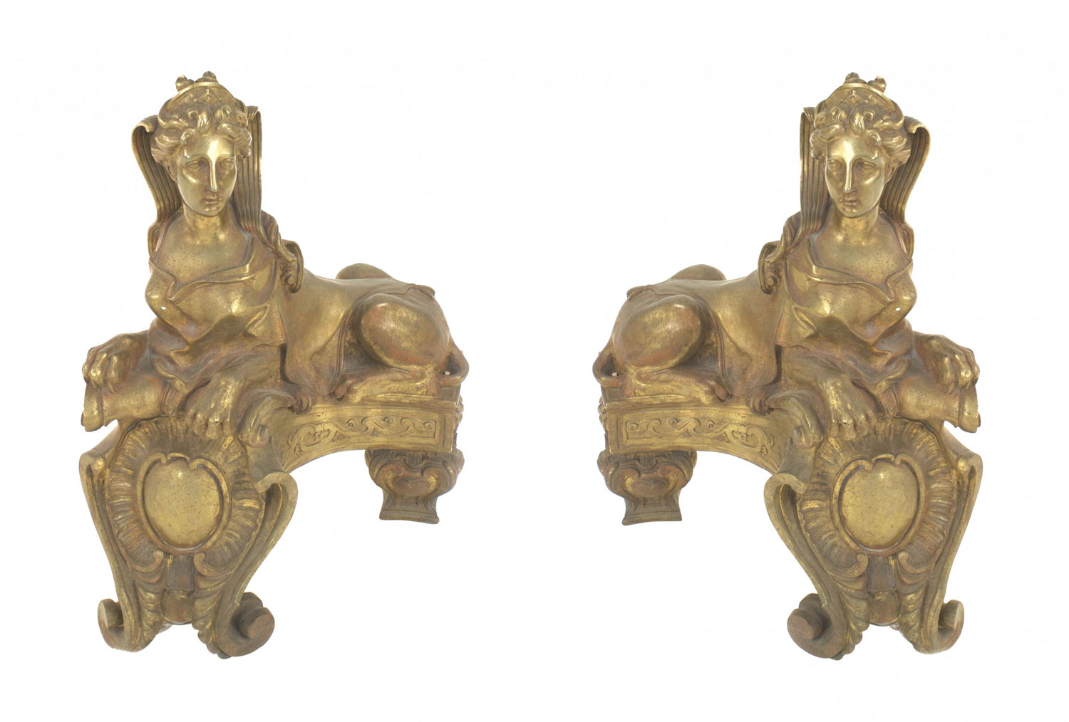 Pair of louis XV Style bronze dore sphinx andirons 1