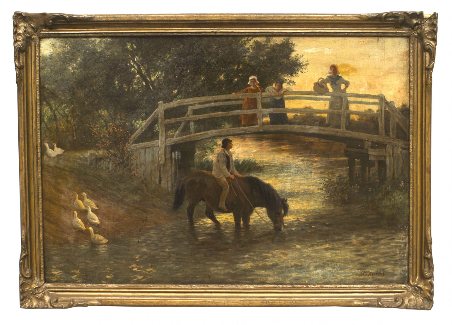 English victorian landscape of figures by a bridge