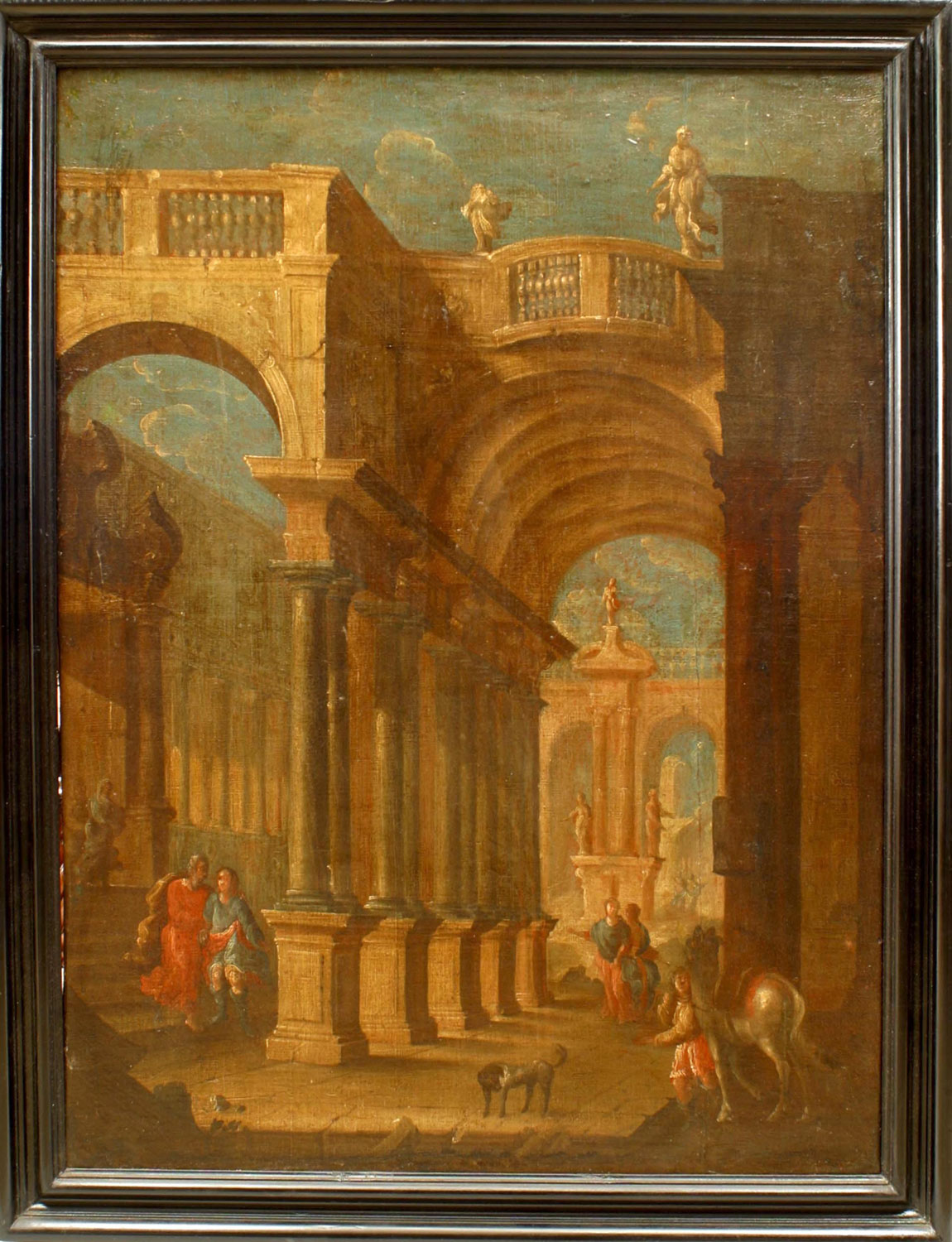 Italianate capriccio oil of figures in classical ruins