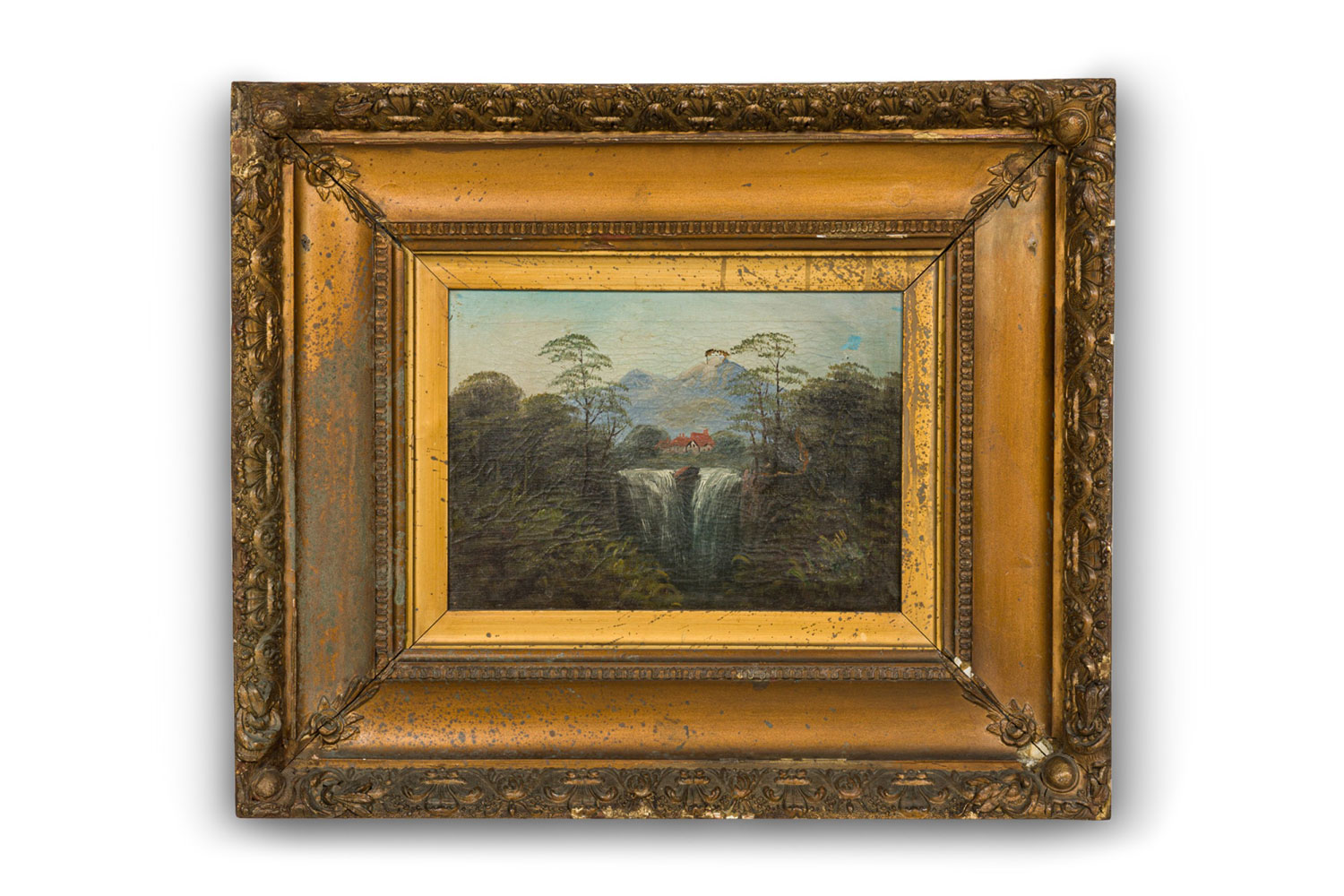 French victorian landscape of house by two waterfalls