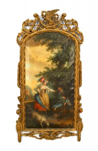 Louis xvi oil painting of lady enticing sleeping man