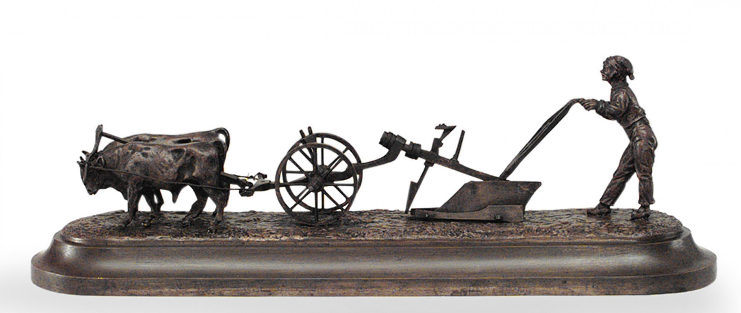 Victorian bronze farmer and oxen