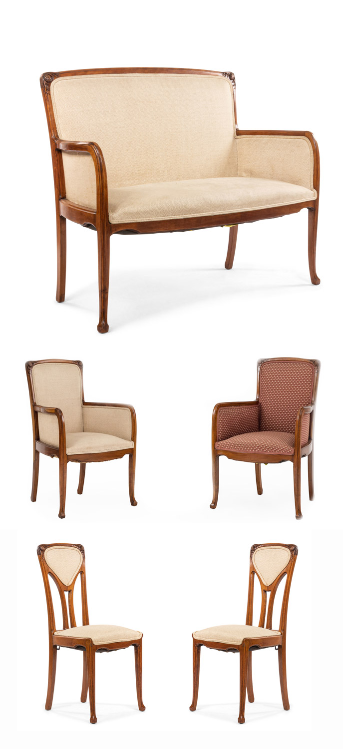 French art nouveau walnut living room set 2