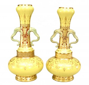 Pair of english victorian minton yellow porcelain bottle vases 1