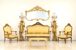 French louis xv gold damask living room set