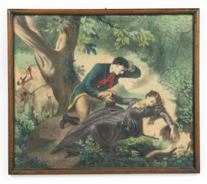 Victorian colored lithograph of figures and horses