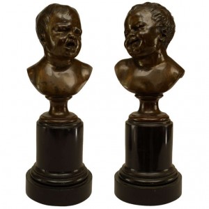 Pair of victorian bronze busts of crying babies